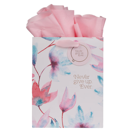Never Give Up Pink Petals Medium Gift Bag - The Christian Gift Company