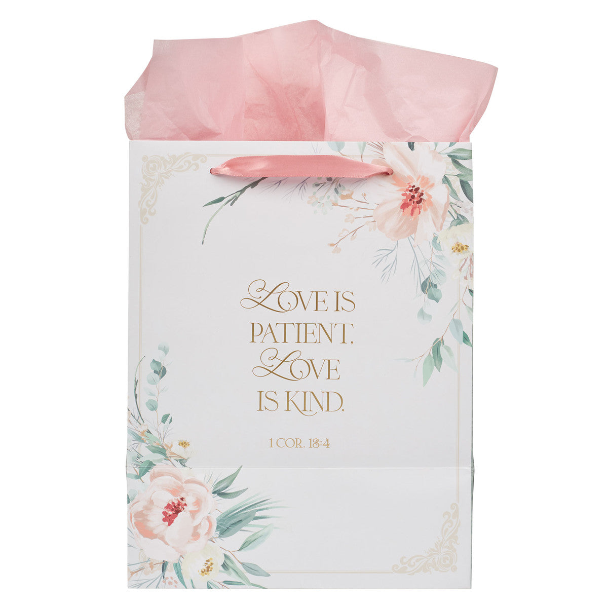 Love Peachy-pink Floral Large Portrait Gift Bag - 1 John 4:19 - The Christian Gift Company
