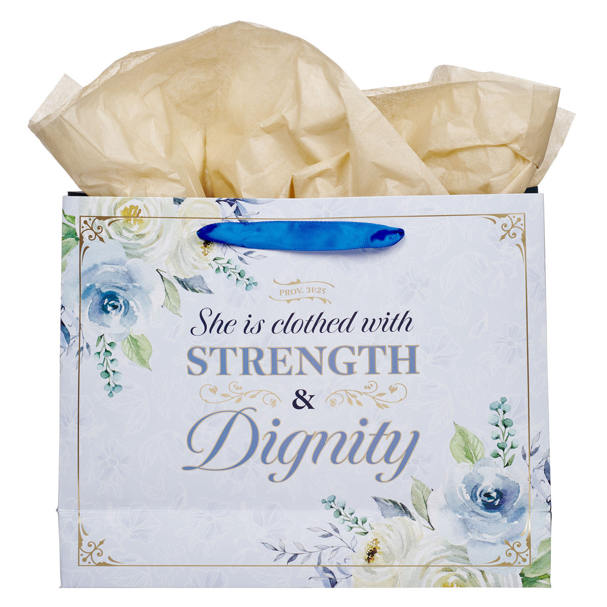 Strength and Dignity Blue Roses Large Landscape Gift Bag - Proverbs 31:25 - The Christian Gift Company