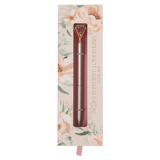 Love Silver and Rose Gold Diamond Classic Gift Pen - 1 Corinthians 13:4 - The Christian Gift Company