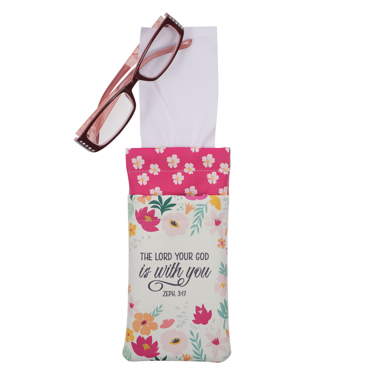 Lord is With You Pink Floral Faux Leather Double Glasses Case - Zephaniah 3:17 - The Christian Gift Company