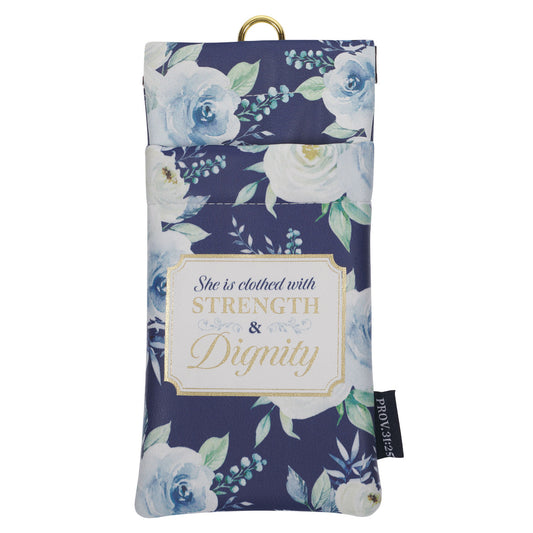 Strength and Dignity Indigo Rose Faux Leather Double Eyeglass Case - Proverbs 31:25 - The Christian Gift Company