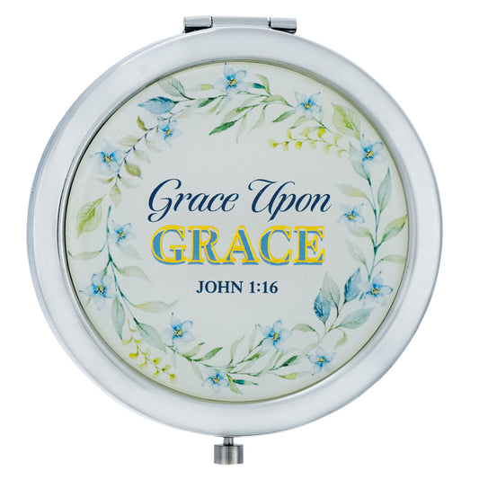 Grace Upon Grace Silver Metal Compact Mirror - John 1:16 - The Christian Gift Company