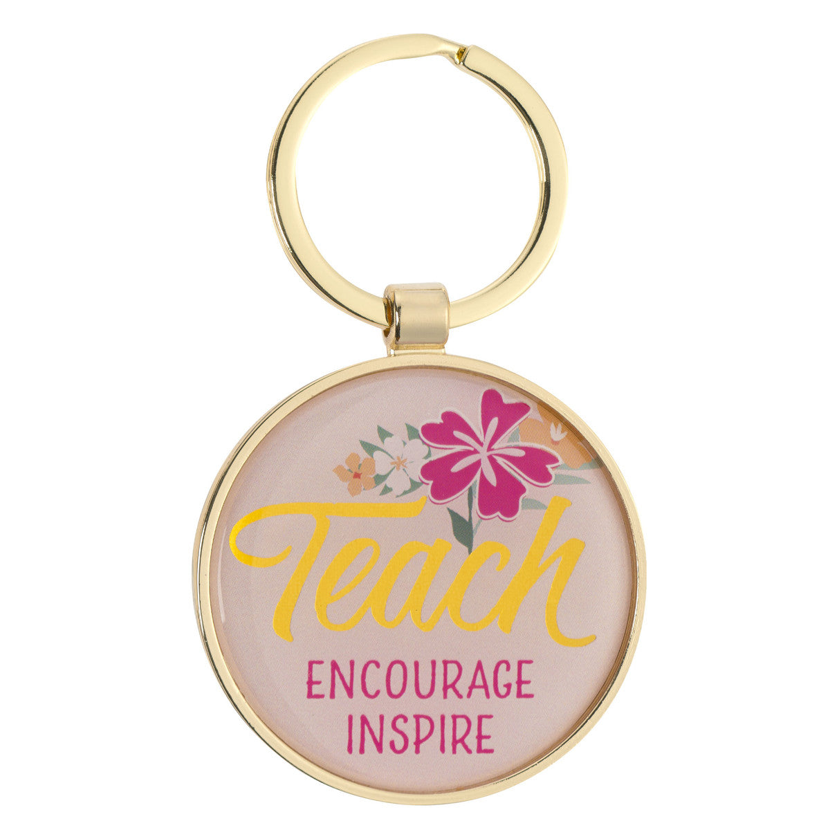 Teach, Encourage, Inspire Pink Epoxy-coated Metal Keychain - Zephaniah 3:17 - The Christian Gift Company