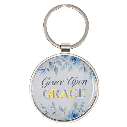 Grace Upon Grace Indigo Rose Gold Metal Epoxy-coated Keychain - John 1:16 - The Christian Gift Company