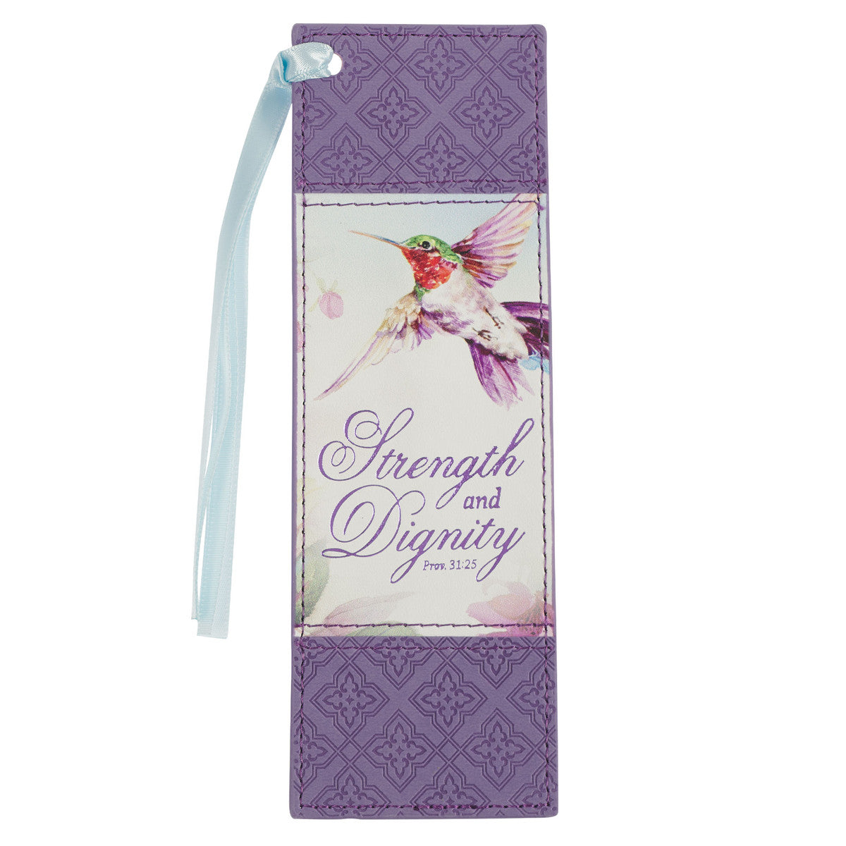 Strength and Dignity Hummingbird Purple Faux Leather Bookmark - Proverbs 31:25 - The Christian Gift Company