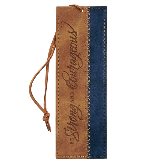 Be Strong and Courageous Butterscotch and Navy Faux Leather Bookmark - Joshua 1:9 - The Christian Gift Company