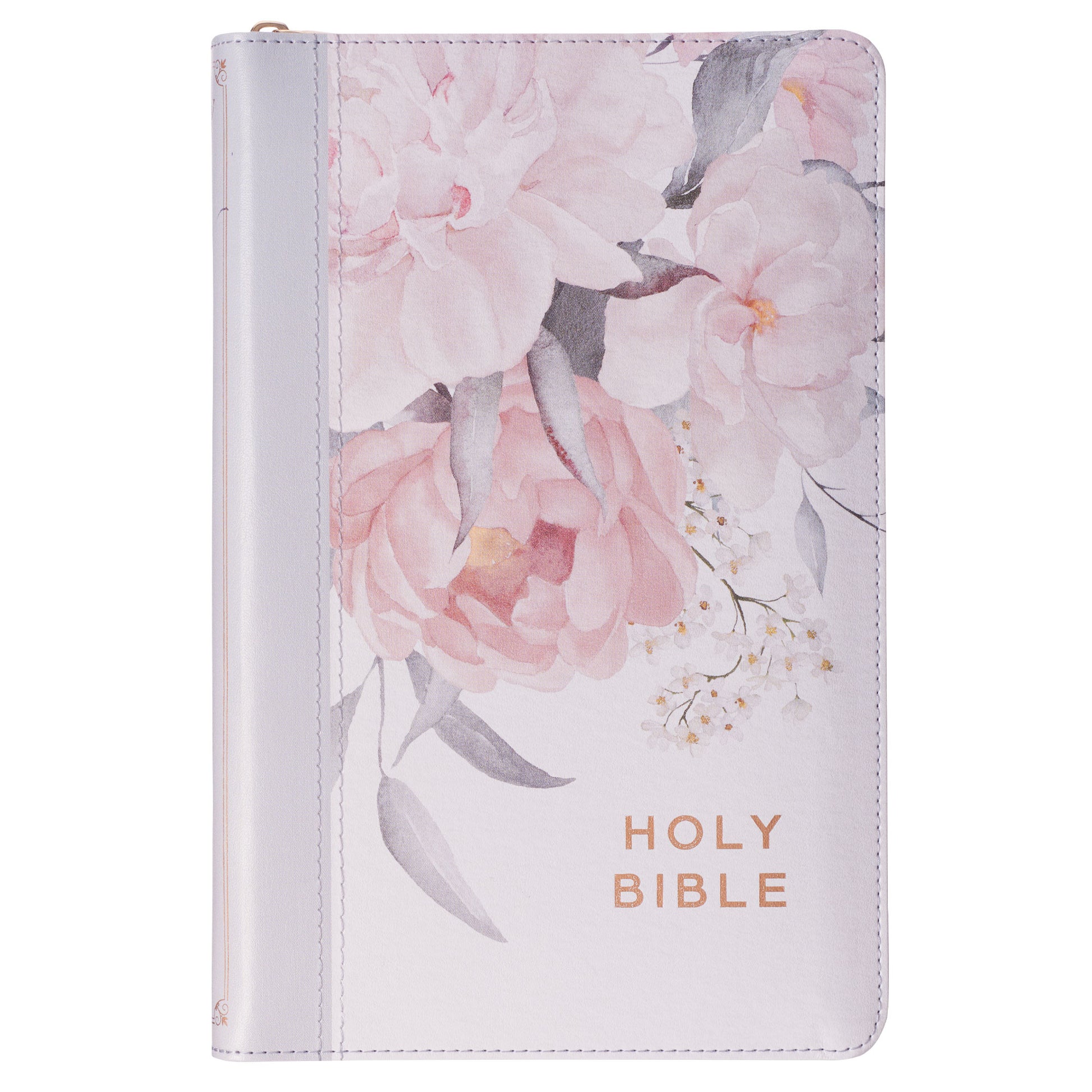 Frosty Grey and Pink Floral Faux Leather King James Version Deluxe Gift Bible with Thumb Index and Zipper Closure - The Christian Gift Company