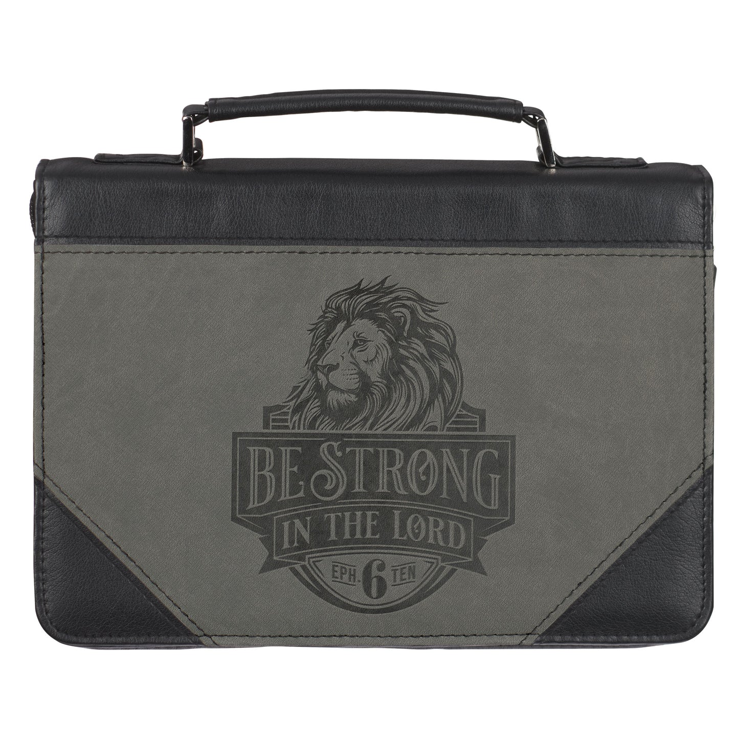 Be Strong in the Lord Black and Grey Lion Faux Leather Classic Bible Cover - Ephesians 6:10 - The Christian Gift Company