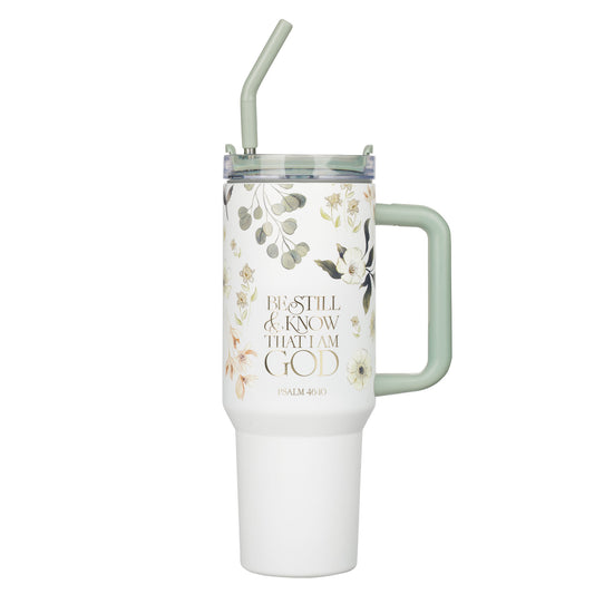 Be Still Teal Meadow 40oz Tumbler with Reusable Straw - Psalm 46:10 - The Christian Gift Company