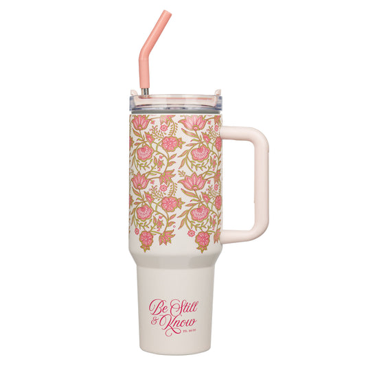 Be Still and Know Pink Spring Floral 40oz Tumbler with Reusable Straw - Psalm 46:10 - The Christian Gift Company