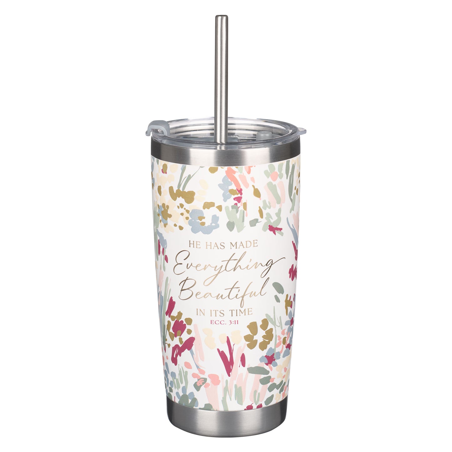 White Floral Everything Beautiful Stainless Steel Travel Mug with Reusable Stainless Steel Straw - Ecclesiastes 3:11 - The Christian Gift Company