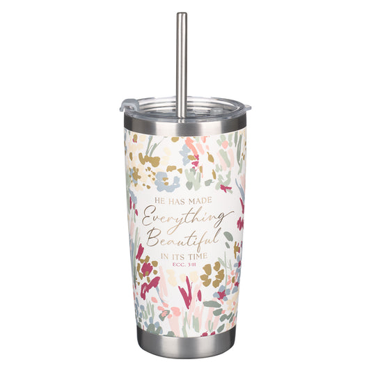 White Floral Everything Beautiful Stainless Steel Travel Mug with Reusable Stainless Steel Straw - Ecclesiastes 3:11 - The Christian Gift Company