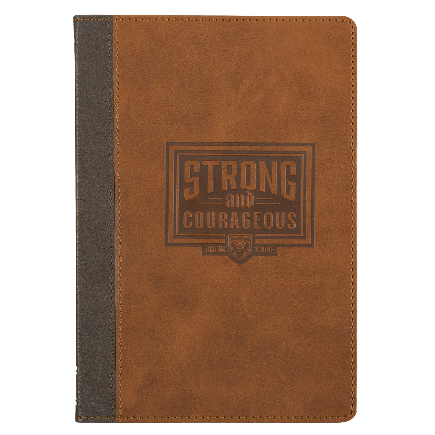 Strong and Courageous Espresso and Saddle Tan Faux Leather Classic Journal - Joshua 1:9 - The Christian Gift Company