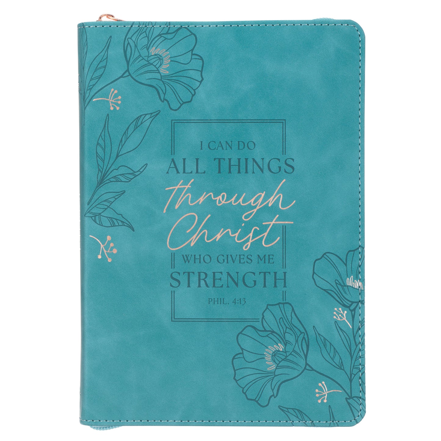 Through Christ Teal Faux Leather Journal with Zippered Closure - Philippians 4:13 - The Christian Gift Company