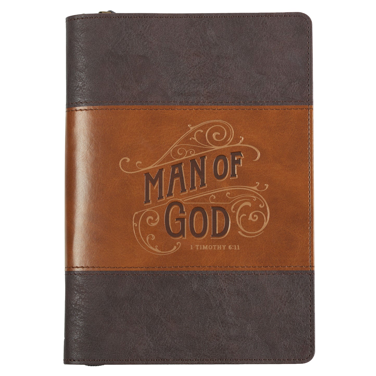 Man of God Honey-brown and Espresso Faux Leather Journal with Zipper Closure - 1 Timothy 6:11 - The Christian Gift Company