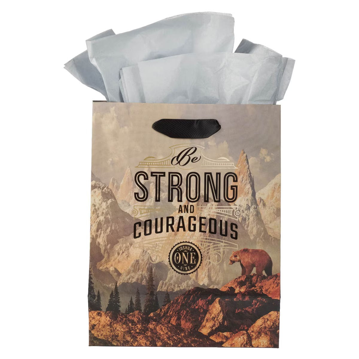 Strong and Courageous Mountain View Medium Gift Bag - Joshua 1:9 - The Christian Gift Company