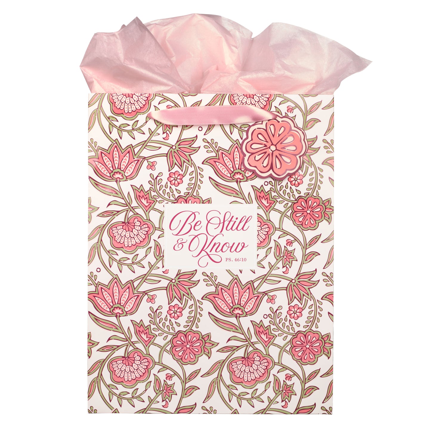 Be Still Pink Spring Floral Large Portrait Gift Bag - Psalm 46:10 - The Christian Gift Company