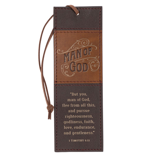 Man of God Honey-brown and Espresso Faux Leather Bookmark - 1 Timothy 6:11 - The Christian Gift Company