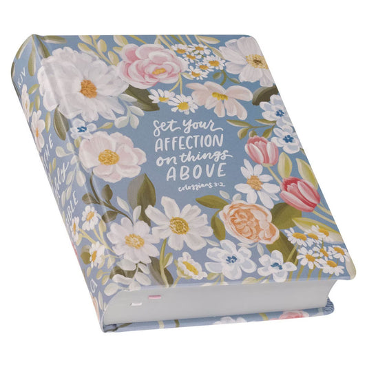 Blue Floral Hardcover Faux Leather King James Version Note-taking Bible - Colossians 3:2 - The Christian Gift Company