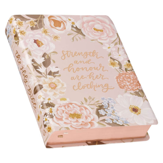 Peach Floral Faux Leather King James Version Note-taking Bible - Proverbs 31:25 - The Christian Gift Company