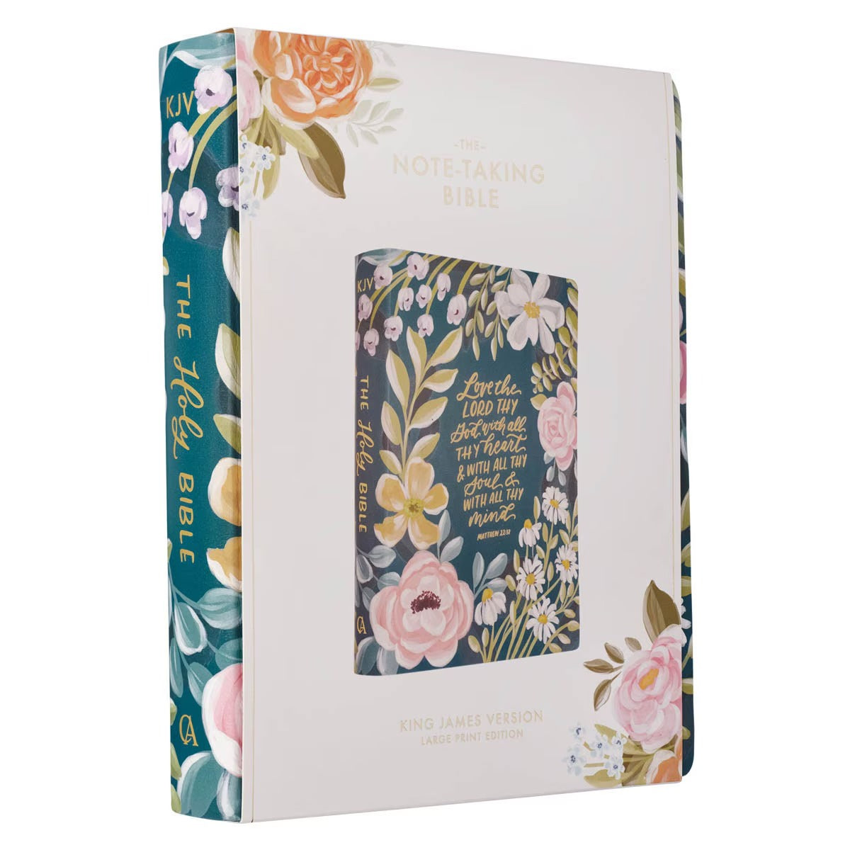 Teal Floral Large Print Faux Leather King James Version Note-taking Bible - Matthew 22:37 - The Christian Gift Company