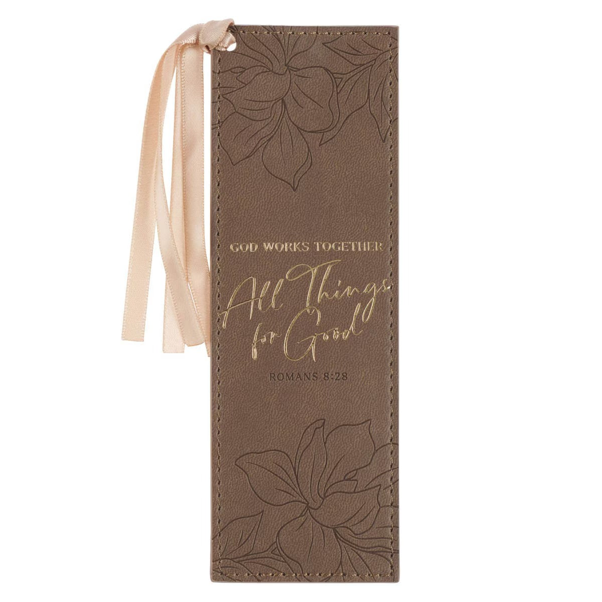All Things For Good Ash-Brown Faux Leather Bookmark - Romans 8:28 - The Christian Gift Company