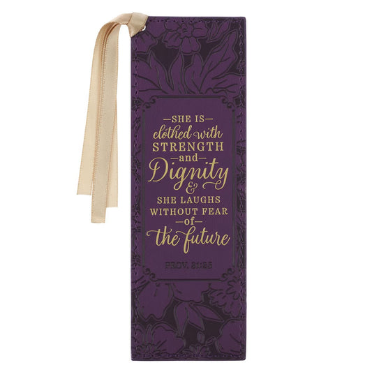 Strength and Dignity Purple Rose Faux Leather Bookmark' - Proverbs 31:25 - The Christian Gift Company