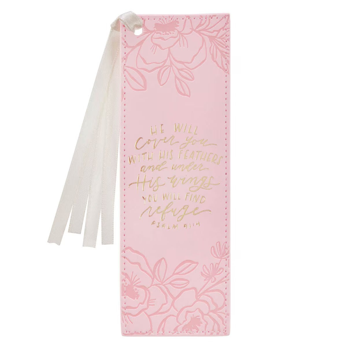 Under His Wings Pink Faux Leather Bookmark - Psalm 91:4 - The Christian Gift Company