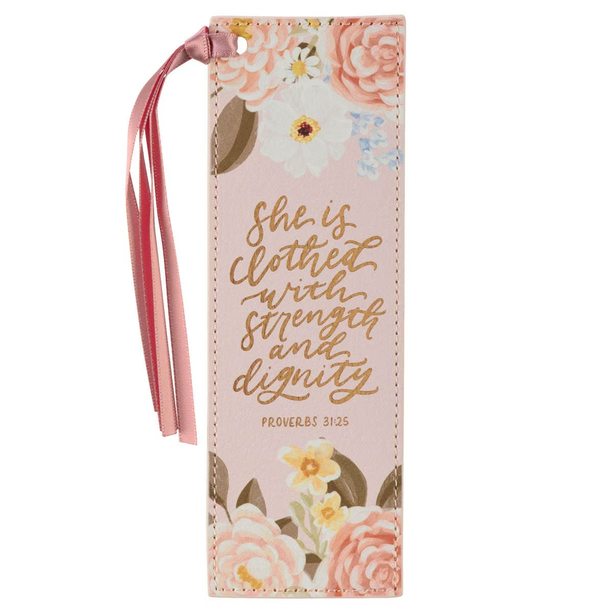 Strength and Dignity Dahlia Pink Faux Leather Bookmark - Proverbs 31:25 - The Christian Gift Company