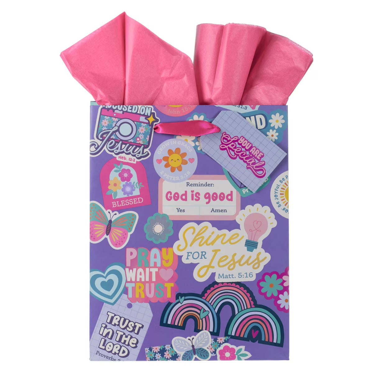 Shine for Jesus Purple Sticker Medium Gift Bag - Matthew 5:16 - The Christian Gift Company