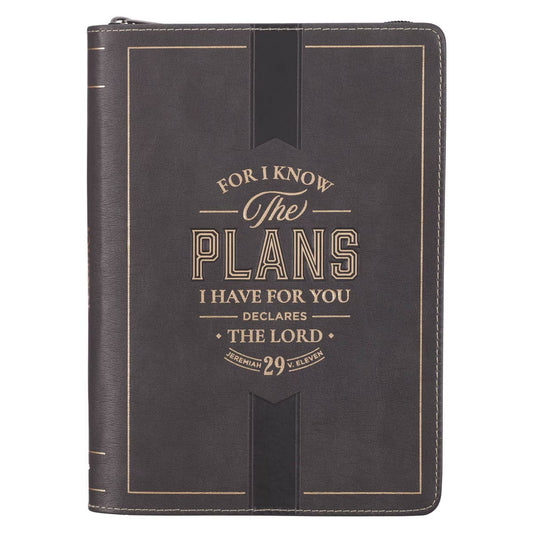 The Plans Charcoal Faux Leather Classic Journal with Zipper Closure - Jeremiah 29:11 - The Christian Gift Company
