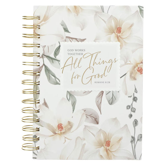 All Things for Good White Magnolia Spiral Journal - Romans 8:28 - The Christian Gift Company