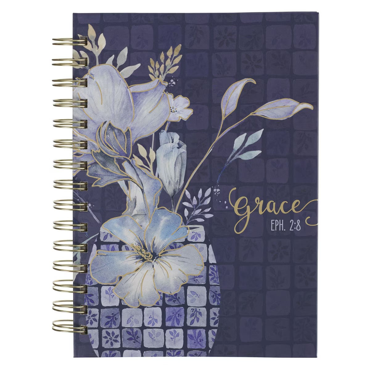 Grace Blue Floral Tile Spiral Journal - Ephesians 2:8 - The Christian Gift Company