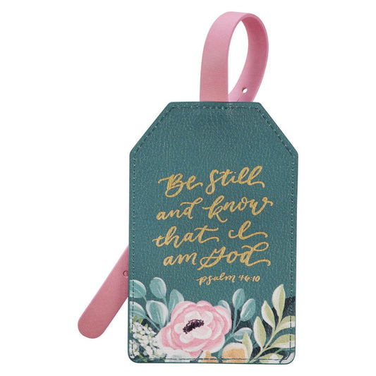 Be Still and Know Dark Teal Floral Faux Leather Luggage Tag - Psalm 46:10 - The Christian Gift Company
