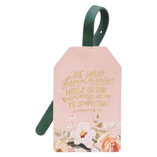 He Who Began a Good Work Pink Floral Faux Leather Luggage Tag - Philippians 1:6 - The Christian Gift Company