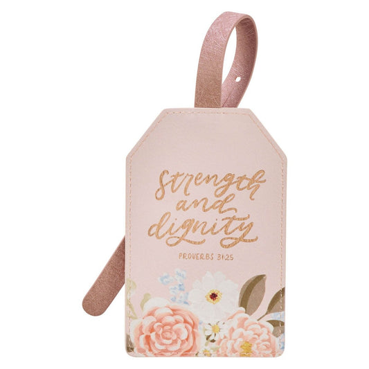 Strength and Dignity Blush Pink Floral Faux Leather Luggage Tag - Proverbs 31:25 - The Christian Gift Company