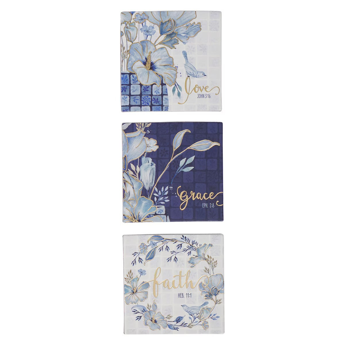Love, Grace, Faith Blue Floral Tile Magnet Set - The Christian Gift Company
