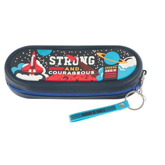Strong and Courageous Navy Silicone Pencil Case - Joshua 1:9 - The Christian Gift Company