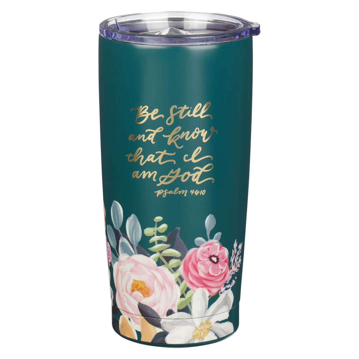Be Still Teal Floral Stainless Steel Travel Tumbler - Psalm 46:10 - The Christian Gift Company