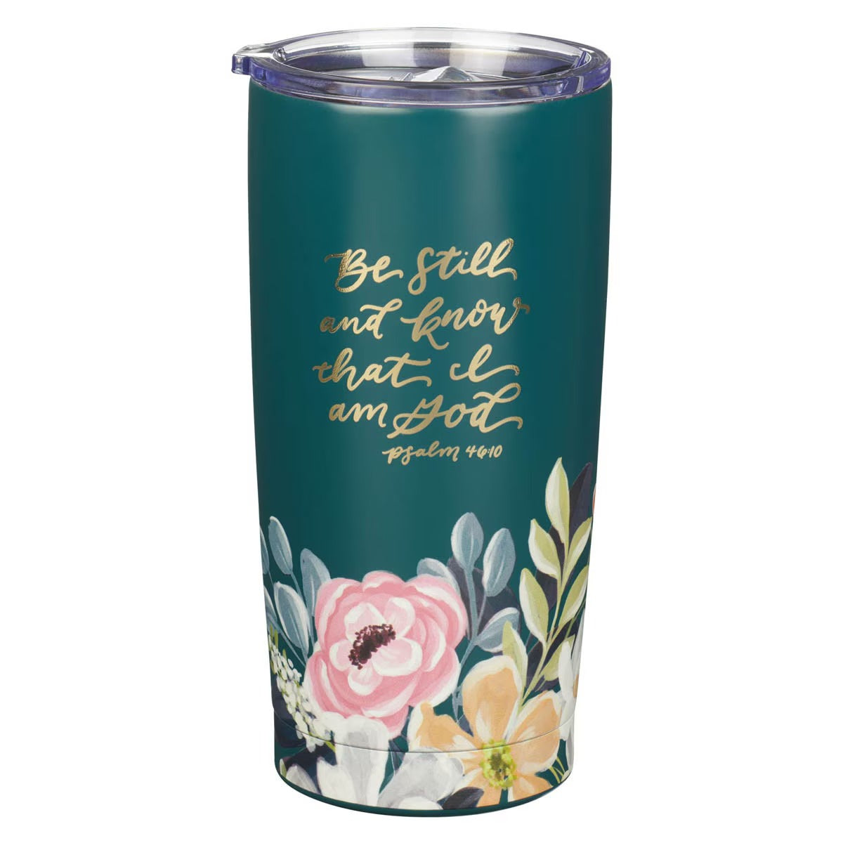 Be Still Teal Floral Stainless Steel Travel Tumbler - Psalm 46:10 - The Christian Gift Company