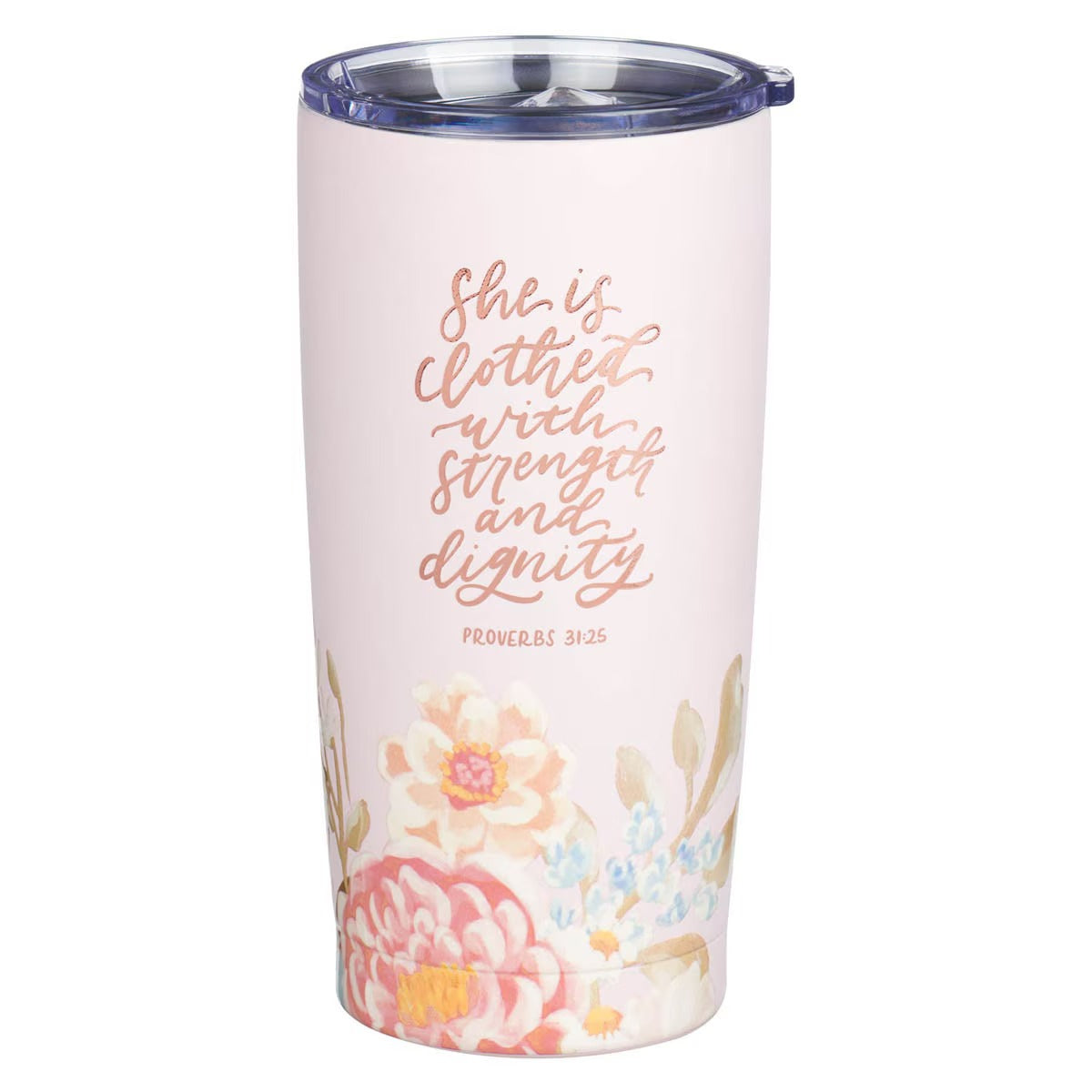 Strength and Dignity Pink Floral Stainless Steel Travel Tumbler - Proverbs 31:25 - The Christian Gift Company