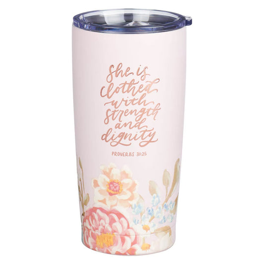 Strength and Dignity Pink Floral Stainless Steel Travel Tumbler - Proverbs 31:25 - The Christian Gift Company