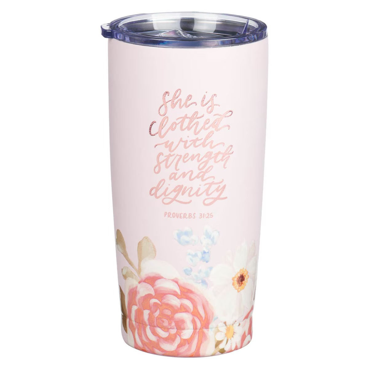 Strength and Dignity Pink Floral Stainless Steel Travel Tumbler - Proverbs 31:25 - The Christian Gift Company
