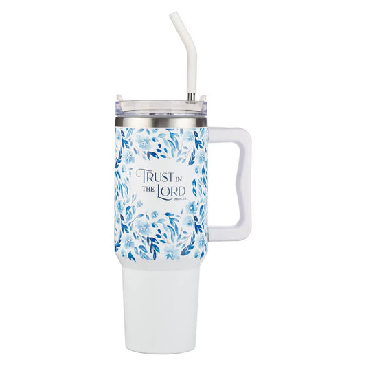 Trust in the Lord Blue Botany 40 oz Stainless Steel Travel Tumbler with Straw - Proverbs 3:5 - The Christian Gift Company