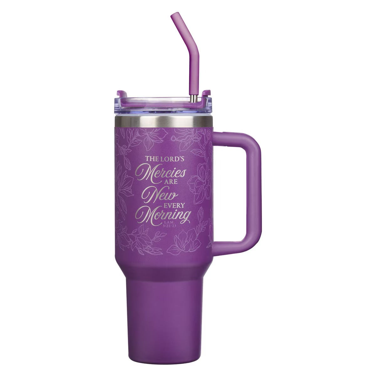 New Mercies Purple Floral 40 oz Stainless Steel Tumbler with Straw - Lamentations 3:22-23 - The Christian Gift Company