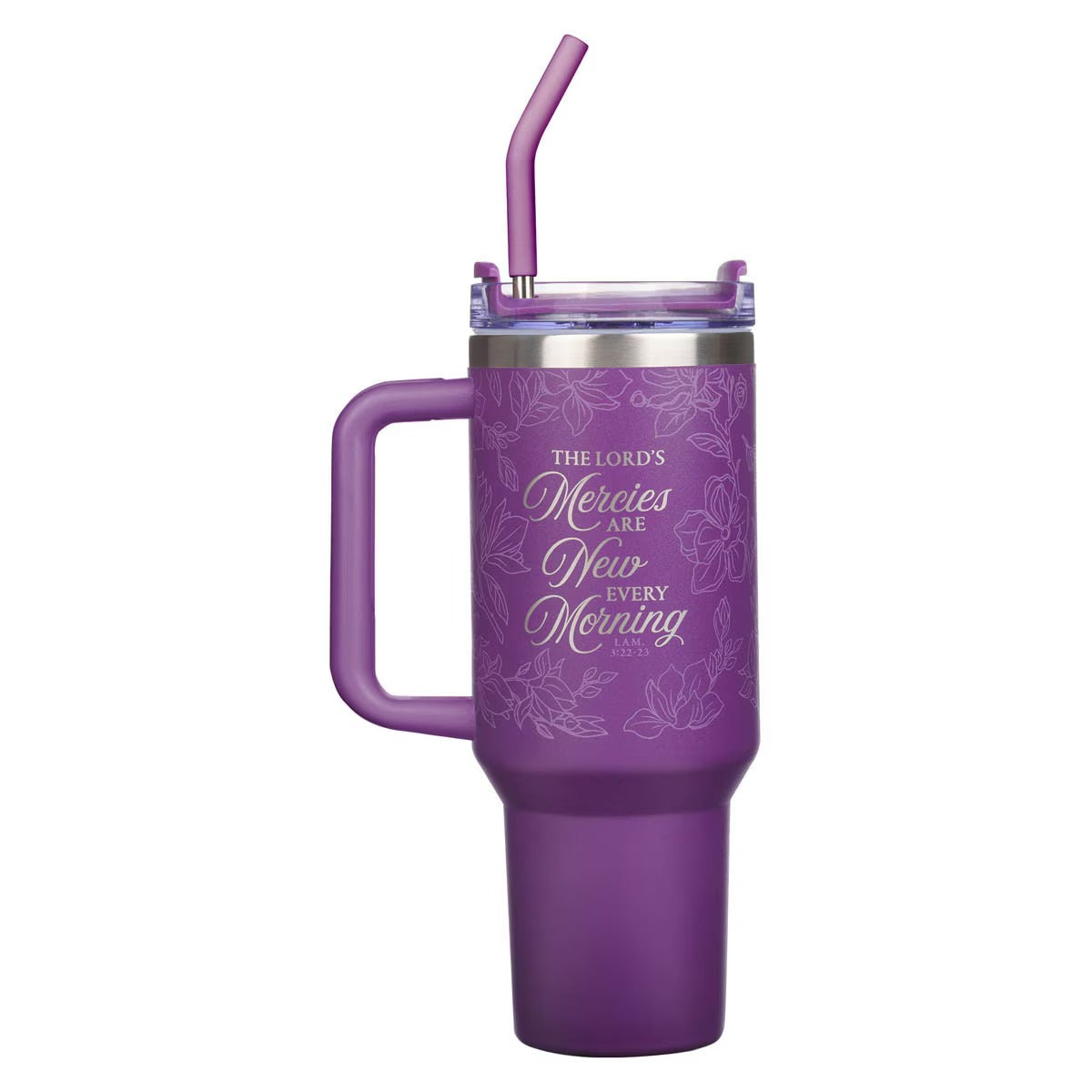 New Mercies Purple Floral 40 oz Stainless Steel Tumbler with Straw - Lamentations 3:22-23 - The Christian Gift Company