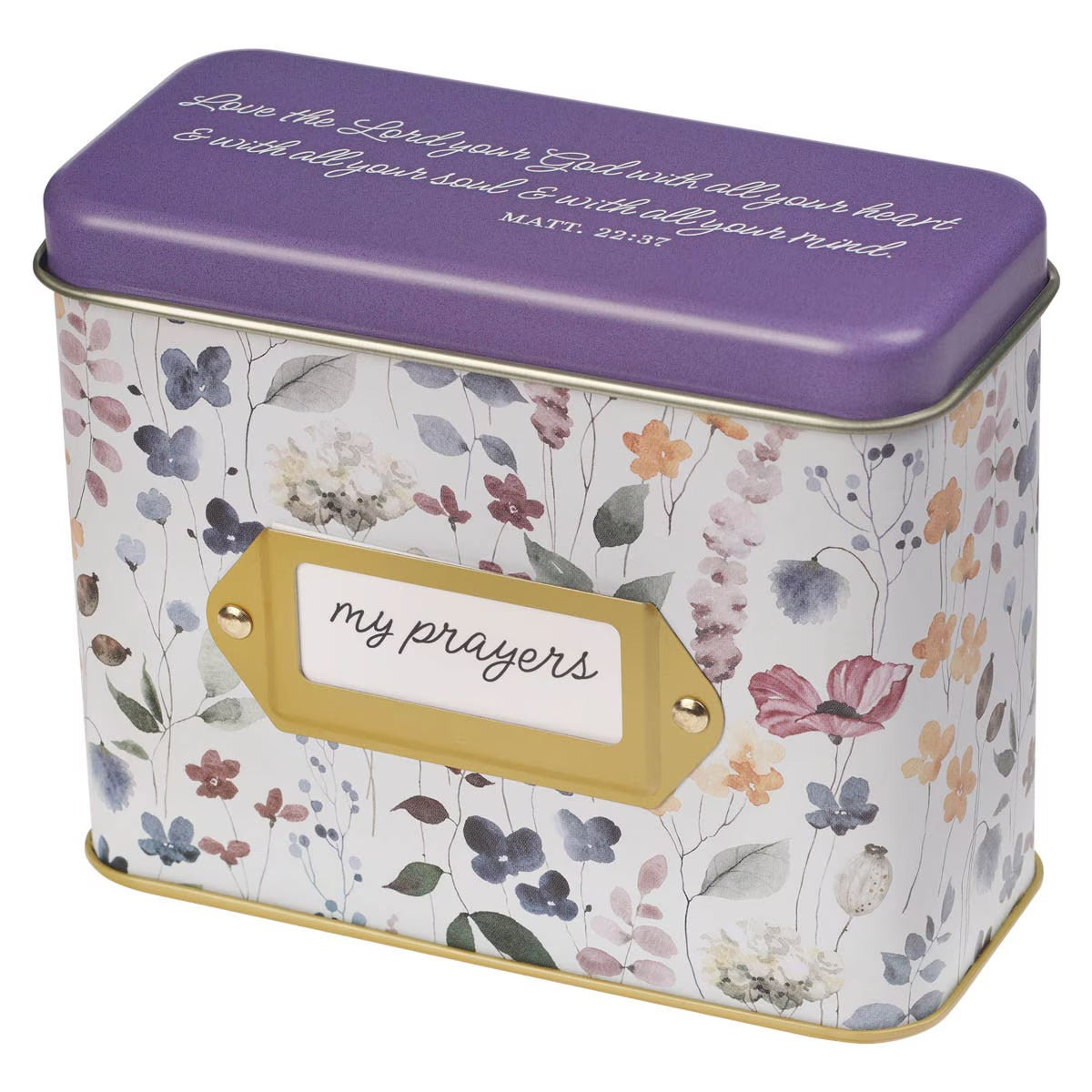 Love the Lord Purple Wildflower Prayer Cards in Tin - Matthew 22:37 - The Christian Gift Company