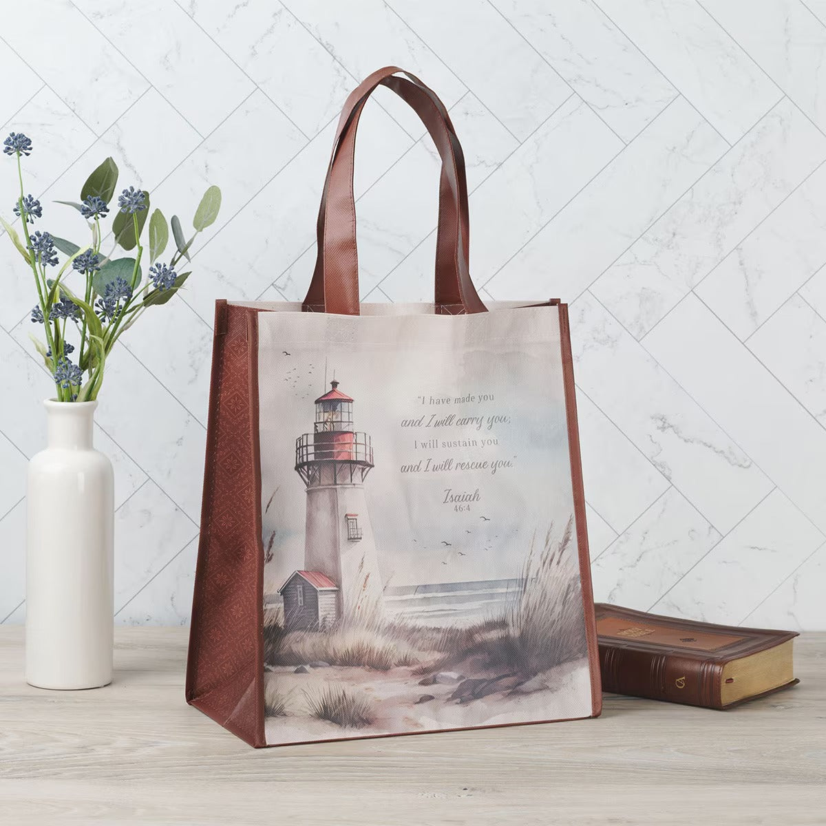 I Have Made You Lighthouse Reusable Non-woven Canvas Shopping Tote Bag - Isaiah 46:4 - The Christian Gift Company