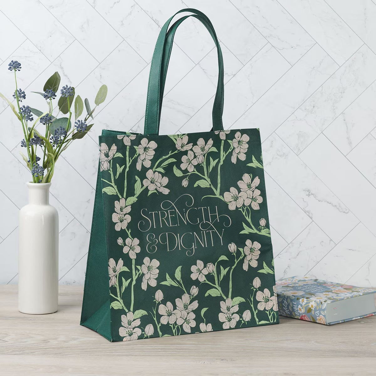 Strength and Dignity Green Floral Reusable Non-woven Shopping Tote Bag - Proverbs 31:25 - The Christian Gift Company